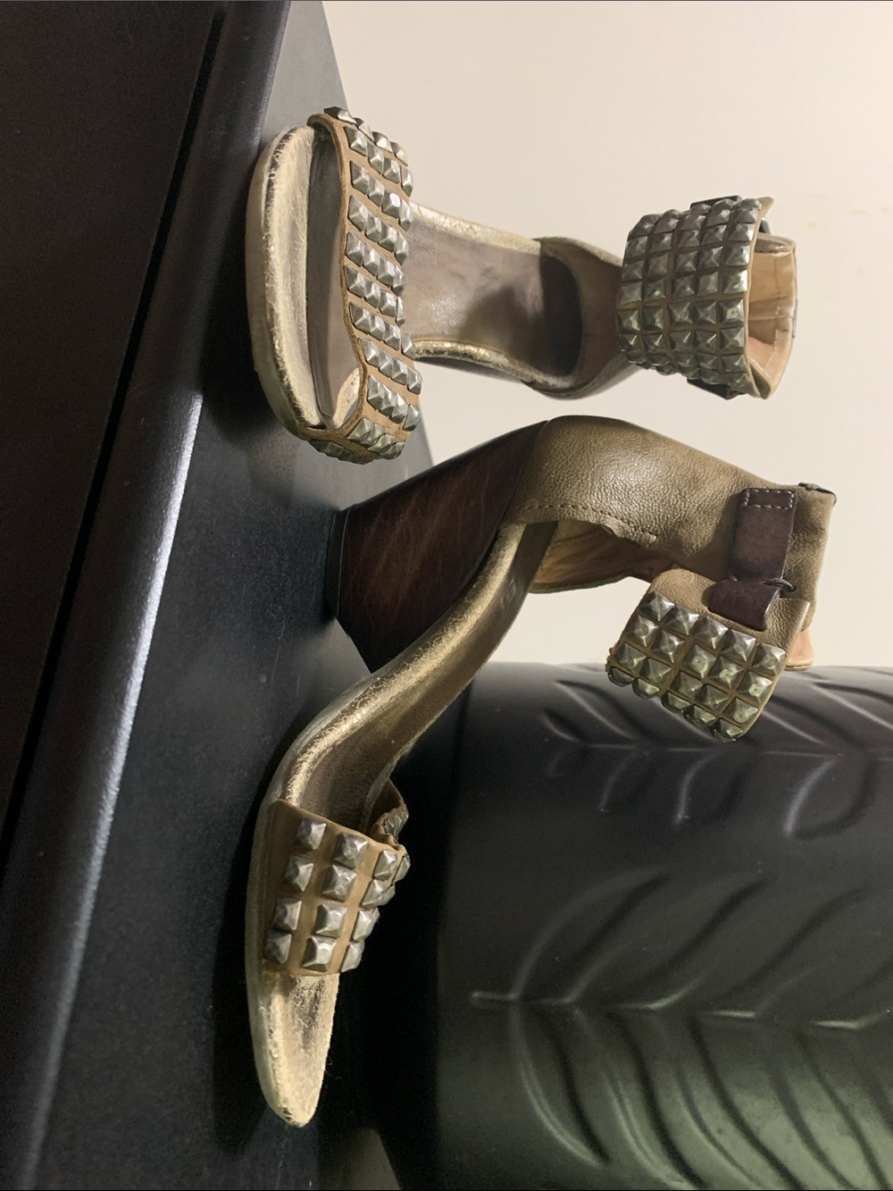A.S.98 Army Green Studded Block Heel Sandals - Sz EU 36